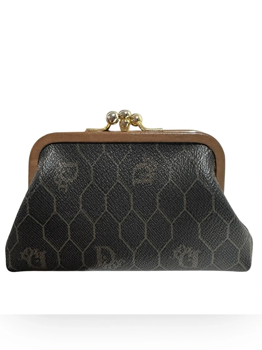 Dior Honeycomb Vintage Black & Tan Leather Kisslock Card & Coin Case